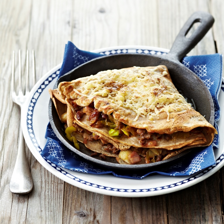 Crêpes farcies aux poireaux, bacon et Gruyère AOP